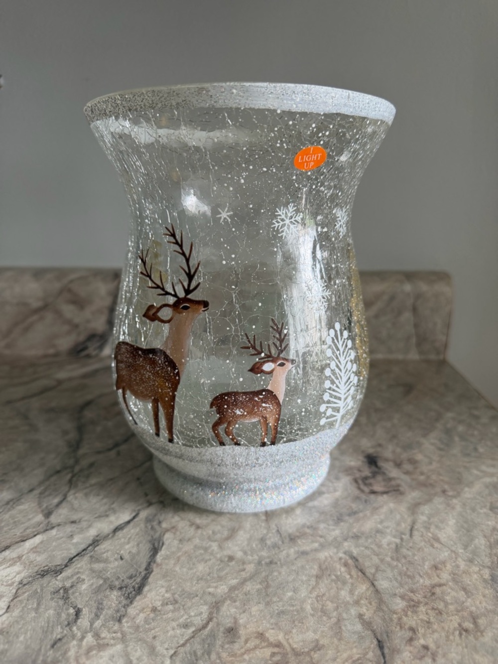 Winter Reindeer Hurricane Glass Candle Holder Crackle Glass Large